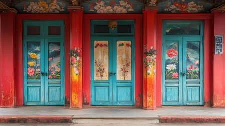 Colorful doors at the entrance to the Buddhist temple in Thailand.の素材
