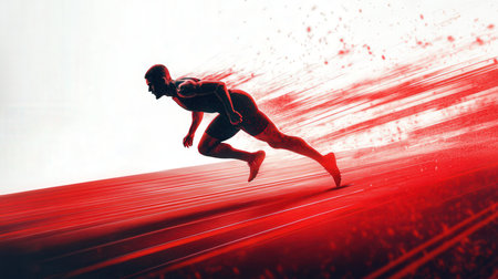 Athlete running fast on a race track with red background.の素材