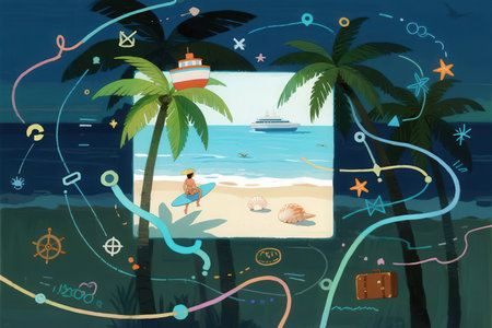 Illustration of a summer holiday on the beach with palm trees and a shipの素材