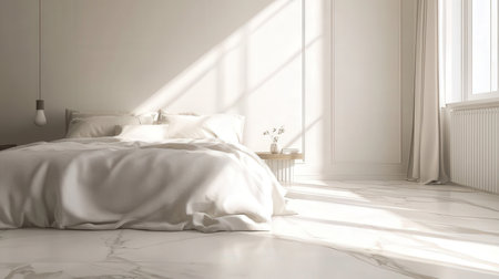 White bedroom interior with white linesns and bedding. 3d renderの素材
