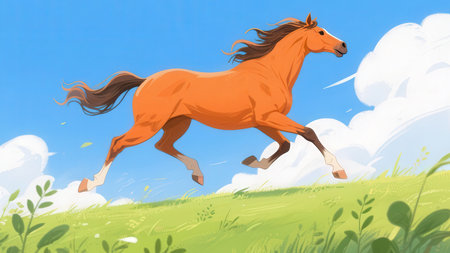 Illustration of a running horse on a green meadow with cloudsの素材