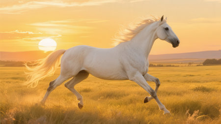 White horse galloping in the meadow at sunset. Beautiful pet.の素材