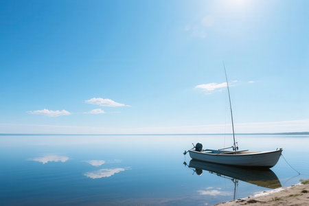 Fishing boat on the shore of a lake under a blue skyの素材