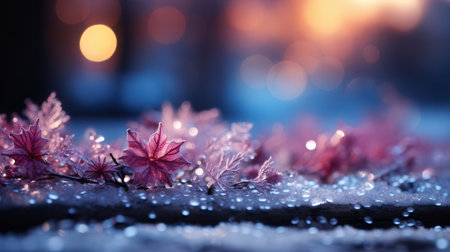 Cherry blossoms with snow and bokeh lights on backgroundの素材