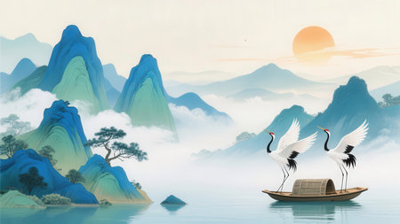 Fantasy landscape with two cranes in a boat on the lakeの素材