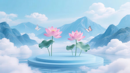 Lotus flower and butterflies on blue sky background. 3d renderingの素材