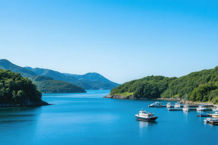 Boats moored in a fjord on a sunny dayの素材