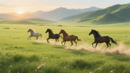 Horses run gallop in the meadow at sunset. 3d renderingの素材