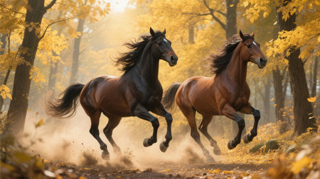 Two bay horses run gallop in autumn forest with golden leaves.の素材
