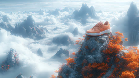 Fantasy landscape with sneakers on top of the mountain. 3d illustrationの素材