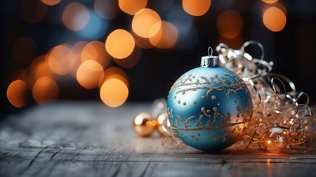 Blue Christmas ball on wooden background with bokeh lights. New Year concept.の素材