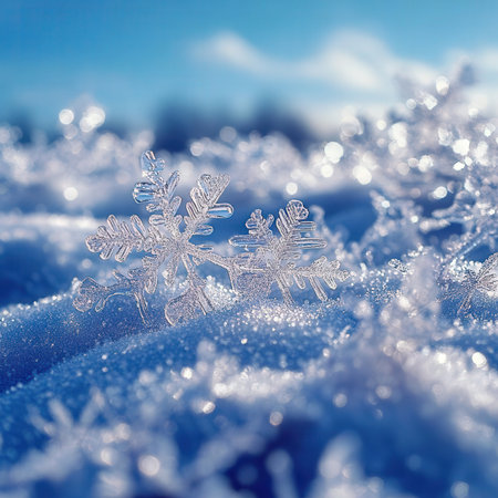 snowflakes on the background of blue snow and blue skyの素材
