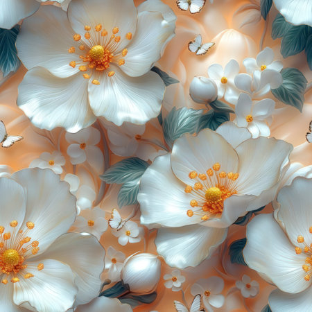 Seamless pattern with white flowers and butterflies. Vector illustration.の素材