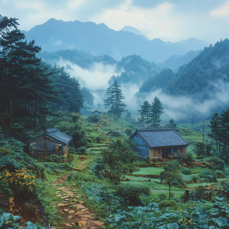 Mountain landscape with wooden houses in the mist at Doi Inthanon, Chiang Mai, Thailandの素材