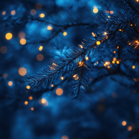 Fir branches with Christmas lights on blue background, toned imageの素材