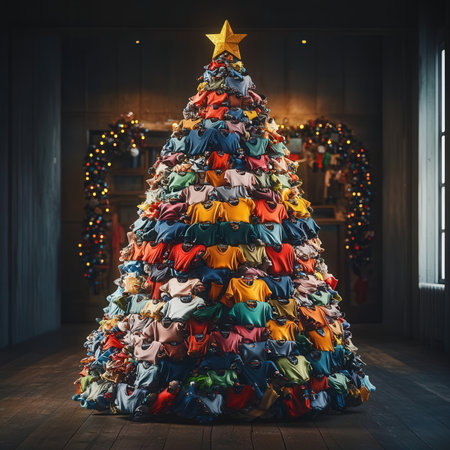 Christmas tree made of clothes in the dark room. Christmas and New Year concept.の素材