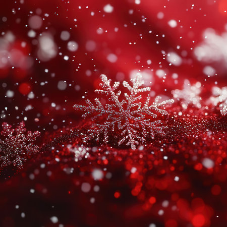 Red christmas background with snowflakes and bokeh lightsの素材