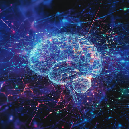 Human brain with glowing connections. Artificial intelligence concept. 3D Renderingの素材