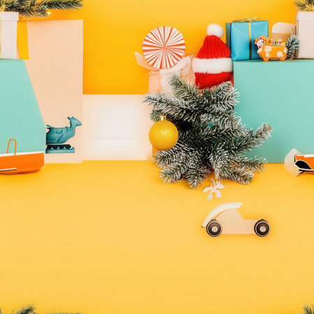 Christmas tree and toys on yellow background. Christmas and New Year conceptの素材