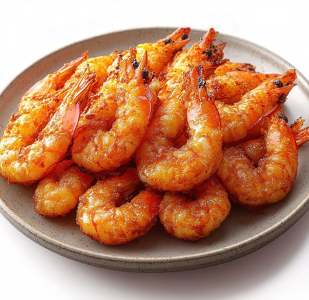 fried prawns on plate, closeup, isolated on whiteの素材