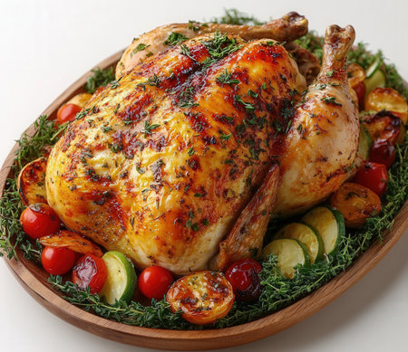 roasted chicken with vegetables on a wooden plate, close-upの素材