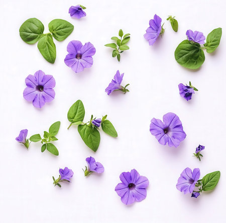 Flowers composition. Purple petunia flowers on white background. Flat lay, top view, copy spaceの素材