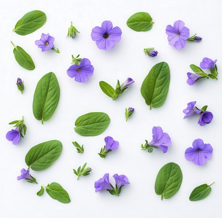 Flowers composition. Violet flowers and leaves on white background. Flat lay, top viewの素材