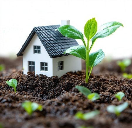 Small house with green seedling growing out of soil on white backgroundの素材
