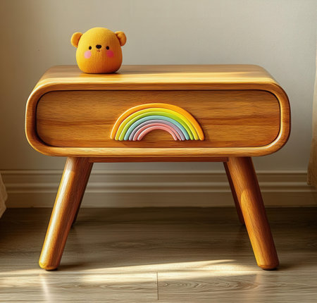 Wooden toy bear and rainbow on a table in childrens roomの素材