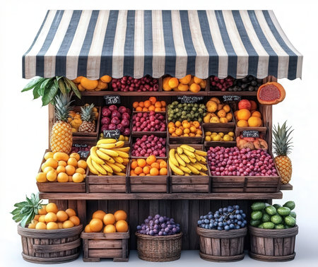 Fruits on a market stall on white background. 3d rendering.の素材