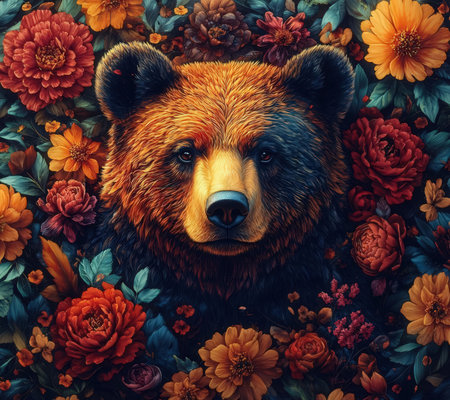 Beautiful portrait of a bear among flowers. Digital painting. Illustration.の素材