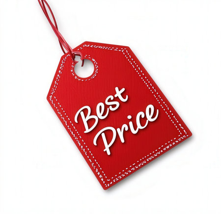 Best Price Red Tag With Ribbon Isolated On A White Background.の素材