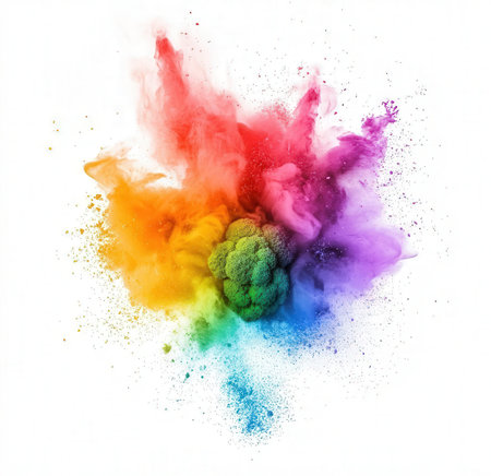 Explosion of colored powder isolated on white background. Abstract colored backgroundの素材