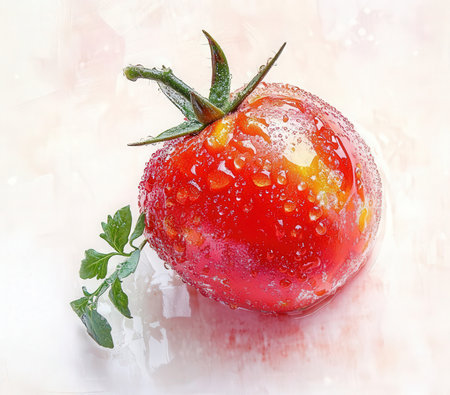 Red tomato with water drops on a white background. 3d illustrationの素材