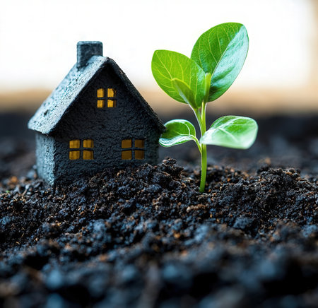 Small house with green plant in soil. Ecology concept. Selective focus.の素材