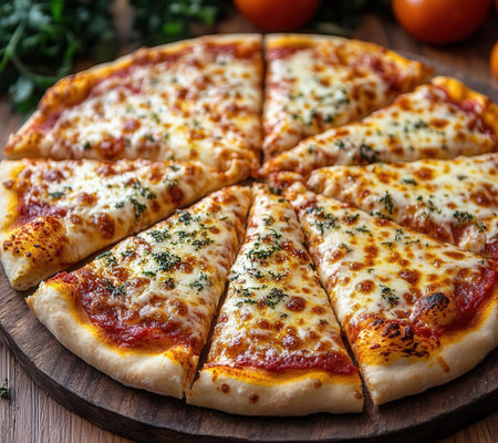 Pizza with mozzarella, tomato and basil on a wooden boardの素材