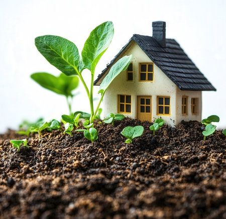Little green plant growing in soil with a small house on white backgroundの素材