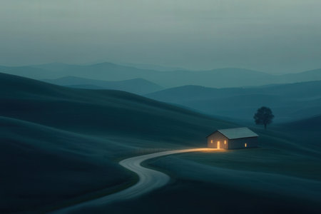 Lonely house on the road at sunset in Tuscany, Italyの素材