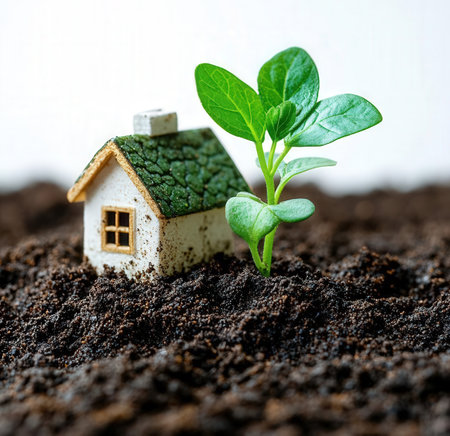 Little green plant growing out of soil with a small house in the backgroundの素材