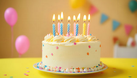 Birthday cake with candles and balloons on yellow background, closeupの素材
