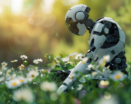 3d rendering robot sitting on grass with camomile flower in gardenの素材