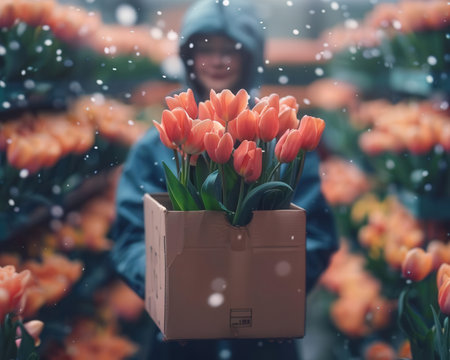Close up of female florist holding bouquet of tulipsの素材