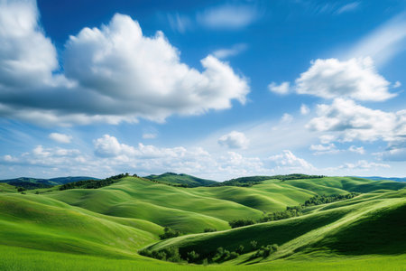 Tuscany landscape. Green hills, blue sky and white cloudsの素材