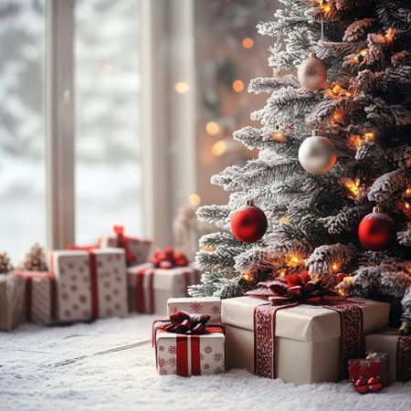 Christmas tree with gifts on the windowsill. Christmas and New Year backgroundの素材