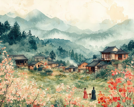 Watercolor painting of chinese traditional houses in the mountains with flowers.の素材