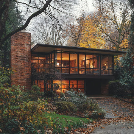 Beautiful modern house in autumn park. Vintage style toned pictureの素材
