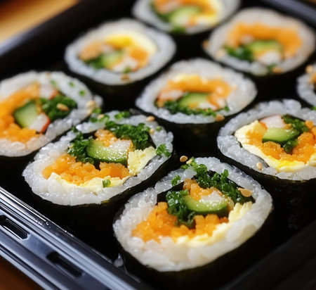 Sushi rolls in plastic box, close-up. Japanese foodの素材