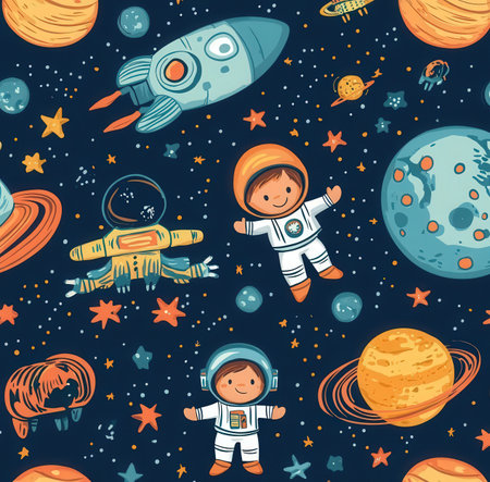 Seamless pattern with cute cartoon astronaut in space. Vector illustrationの素材