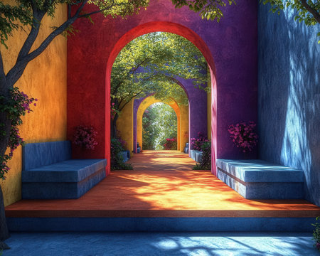 3d rendering of a beautiful corridor in a park with colorful wallsの素材