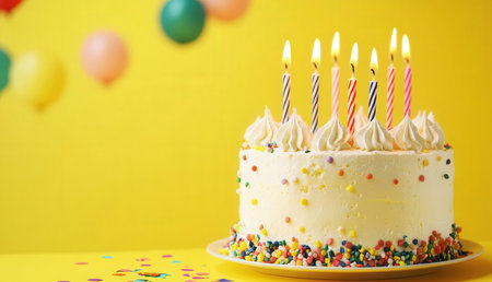 Birthday cake with candles and balloons on yellow background, closeupの素材